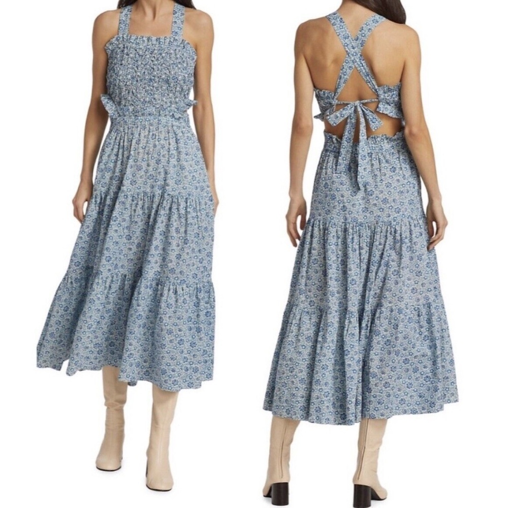 SEA NEW YORK  NWT Ida Apron Smocked Midi A Line Dress Floral Print Blue Cotton M